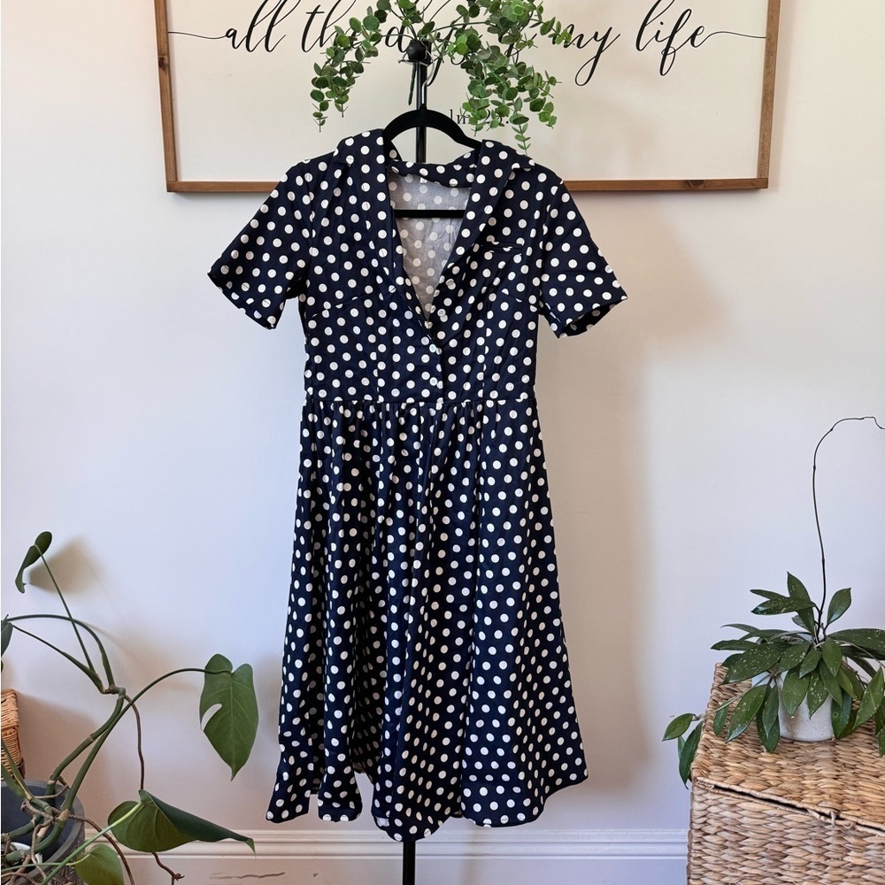 NWOT beautiful pinup polkadot, white and blue dress cotton